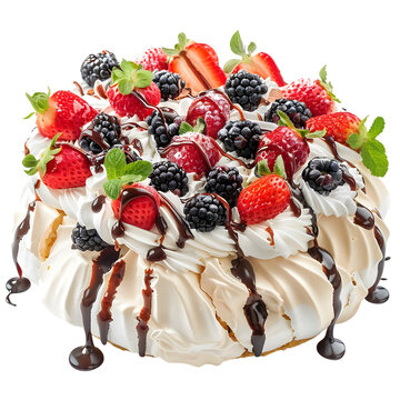Pavlova cake meringue cake with fresh berries and fruits isolated on transparent background	