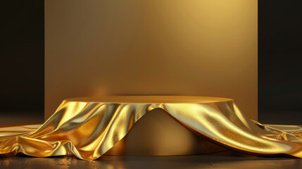 Gold podium. Golden stage. Product display with gold fabric. Mockup cosmetic stage presentation, gold  background. Space for text.