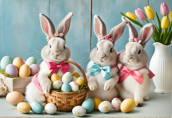 Easter illustration with Easter eggs and Easter bunnies.