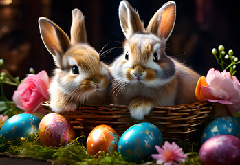 Easter illustration with Easter eggs and Easter bunnies.