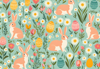 Easter illustration with Easter eggs and Easter bunnies.