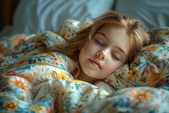 A girl sleeps peacefully in bed with a sweet smile on her face beautiful little girl sleeping in bed in the morning cozy comfortable bed at home 