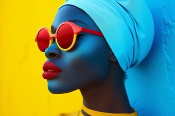 a woman with blue face and red sunglasses