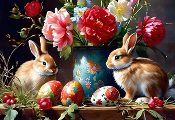 Easter illustration with Easter eggs and Easter bunnies.