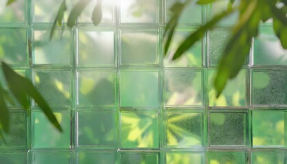 Green plant leaves against pastel watercolour bright sunlit glass brick wall as background. 