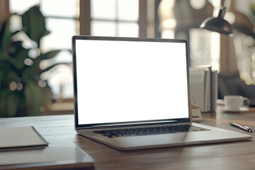 3d rendered of mobile laptop computer with blank white screen on table in modern office, mock up computer for advertisement, internet network technology, business finance, advertise concept