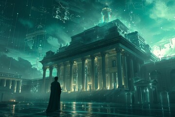 Mysterious Dark Knight Standing in Front of Massive Building in the Midnight City Skyline - obrazy, fototapety, plakaty