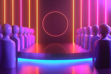 A 3D illustration of people standing and sitting in front of a large, circular neon light in a dark room, styled as a vibrant stage backdrop The neon lights give off a bright, glowing effect,