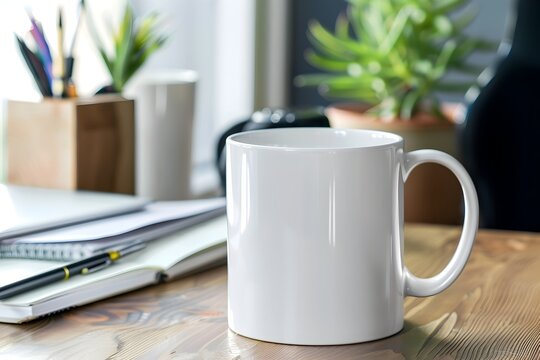 3d rendered of white coffee mug on a wooden table with a pencil, evoking the atmosphere of a home office or workspace