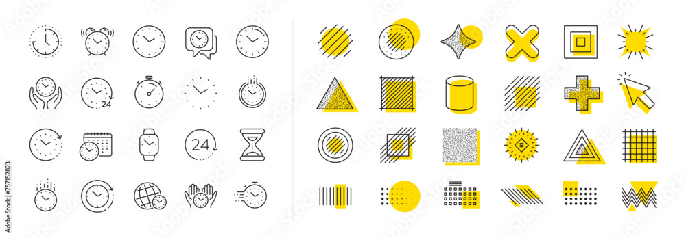 Poster timer, alarm and smartwatch. design shape elements. time and clock line icons. time management, 24 h