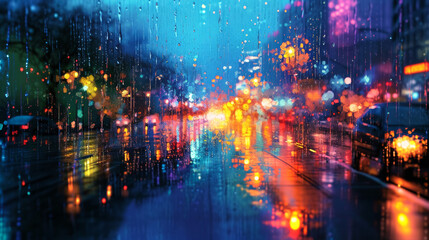 Fototapeta na wymiar A rain shower transforms a city street into a canvas of reflected neon lights, each droplet a miniature prism, adding a surreal, magical dimension to the urban scenery