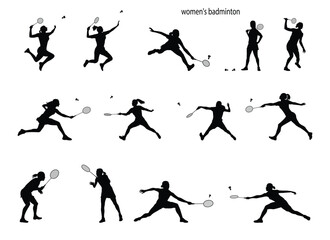 female badmintonSet of female badminton players vector silhouettes. Female Badminton Jump Smash. Active sport.