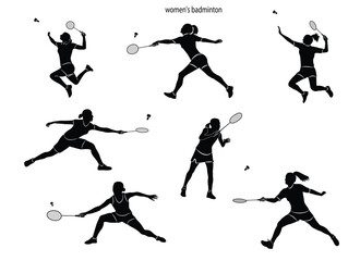 female badmintonSet of female badminton players vector silhouettes. Female Badminton Jump Smash. Active sport.
