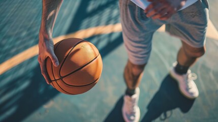 Action shot of man playing basketball outdoors, copy space, close up