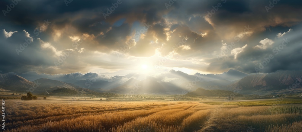 Poster the sunlight filters through the clouds, creating a stunning scene over a wheat field. the cumulus c