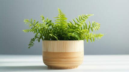Green fern plant in a bamboo pot on a white table.