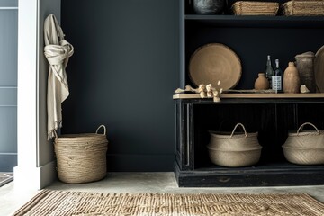 Stylish black shelving unit with wicker baskets and decorative items. - obrazy, fototapety, plakaty