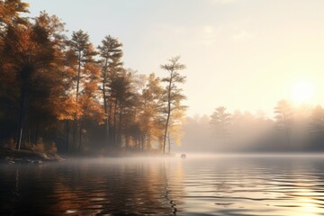 Fototapeta premium Misty autumn morning on lake