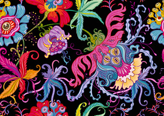 Fantasy, alien hypnotic flowers, decorative flowers and leaves. Cartoon style. Millefleurs trendy floral design. Seamless pattern, background. Outline hand drawing vector illustration.