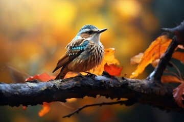 Bird perched on branch in autumn forest