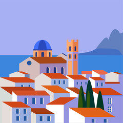 beautiful mediterranean town view vector illustration - 757153639