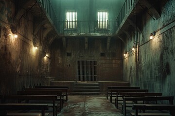 a prison cell with benches and a window