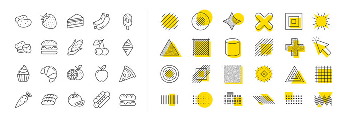 Vegetables, Fruits and Sweet Desserts icons. Design shape elements. Food line icons. Potato slices, corn and fresh carrot. Strawberry, Apple and Orange. Cake, Ice cream and Cupcake icon. Vector