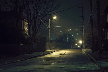 A deserted street at night illuminated by flickering street lights. Generative AI