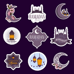 Ramadan Kareem Vector Stickers set. Crescent Moon, Fanoos, Mosque Dome, and Arches on a colorful sticker. Islamic background is good for advertising, invitations, or posters.