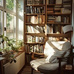 A cozy reading nook tucked away in a corner of a sunlit room, with shelves filled with books and a comfortable armchair.