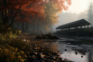 Misty autumn morning with covered bridge