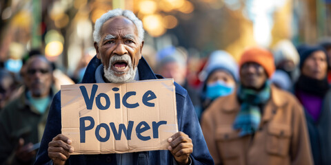 Political demonstration. Elderly african man holding sign that says Voice Power in front of protestors crowd.