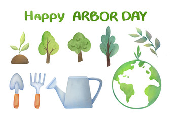 Happy Arbor Day card. postcard, banner with trees, green planet, garden tools, seedling and sprout. Ecology and care of nature