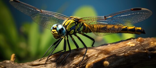 An arthropod insect known as a dragonfly is perched on a piece of wood. Dragonflies, along with damselflies, are terrestrial animals with wings and are beneficial predators of pests - Powered by Adobe