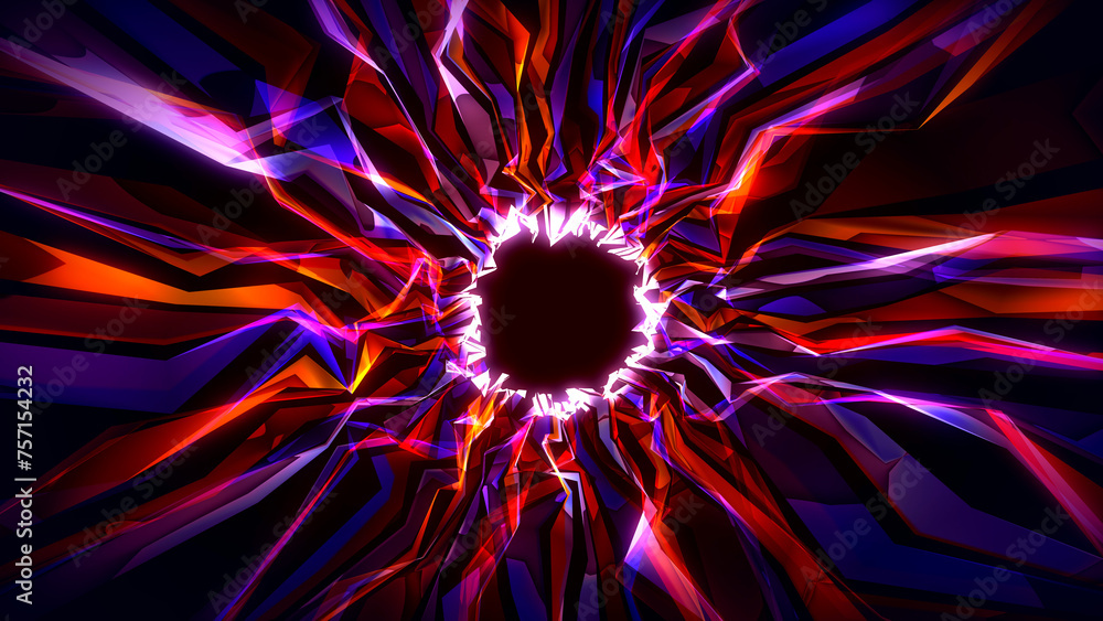 Poster abstract psychedelic dark shiny purple colorful random fractal elongated faceted surfaces tunnel bac