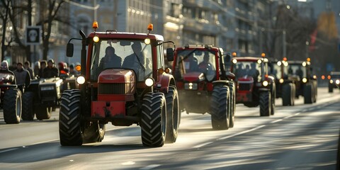 Farmers drive tractors through city streets to protest government policies. Concept Protest, Farmers, Tractor, Government Policies, City Streets