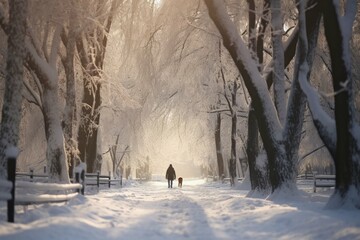 Walking dog in snow-covered park