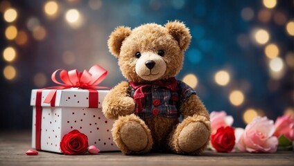 A cute teddy bear, with a gift box next to it, makes a perfect Valentine's Day or birthday card.