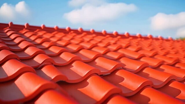 New Roof, Close-up of red roof tiles against blue sky.