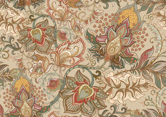 Fantasy flowers in retro, vintage, jacobean embroidery style. Seamless pattern, background. Vector illustration. © Elen  Lane