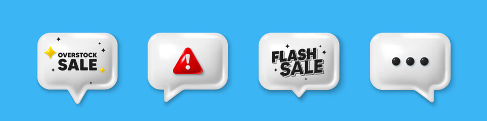 Offer speech bubble 3d icons. Overstock sale tag. Special offer price sign. Advertising discounts symbol. Overstock sale chat offer. Flash sale, danger alert. Text box balloon. Vector