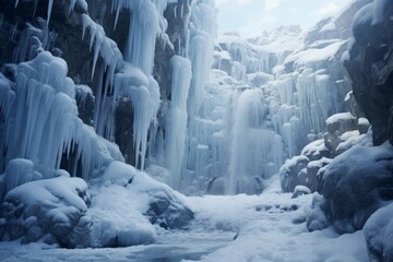 Frozen waterfall surrounded by icicles and snow-covered rocks in a winter wonderland. - obrazy, fototapety, plakaty