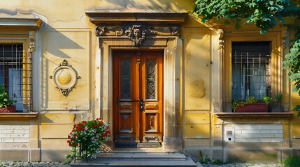 Fototapeta na wymiar Natural Harmony: A Brown Wooden Door Embraced by Lush Greenery,Beautiful old wooden door with ivy on the facade of the building,A facade totally covered by foliage. 