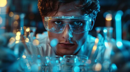 close-up of face of man scientist or student, chemist or physicist in his laboratory, innovation and technology concept