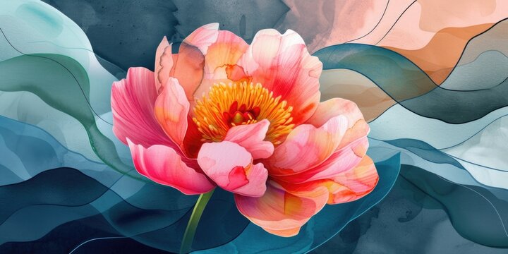 Abstract watercolor background with peony flower in  blue waves of paint