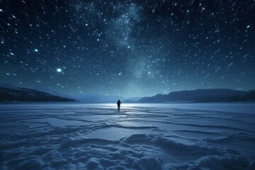 Person standing on a frozen lake, looking up at the stars