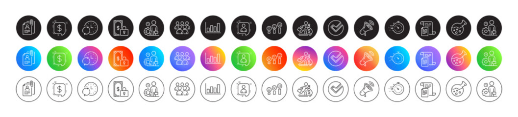 Salary, Interview documents and Update time line icons. Round icon gradient buttons. Pack of Megaphone, Report diagram, Group icon. Chemistry lab, Timer, Developers chat pictogram. Vector
