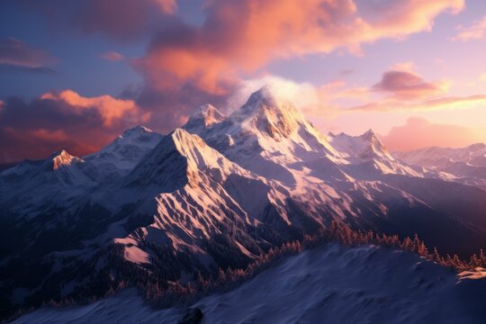 Snow-covered mountain range at sunrise