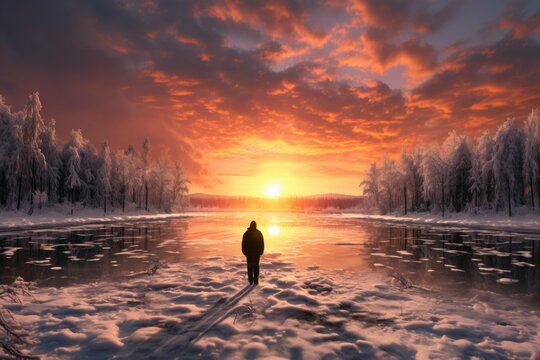 Winter sunset on a frozen lake.