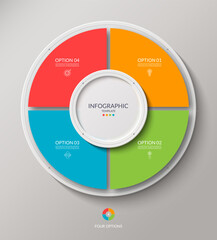 Vector infographic circle. Cycle diagram with 4 options. Round chart that can be used for report, business analytics, data visualization, presentation, brochure.